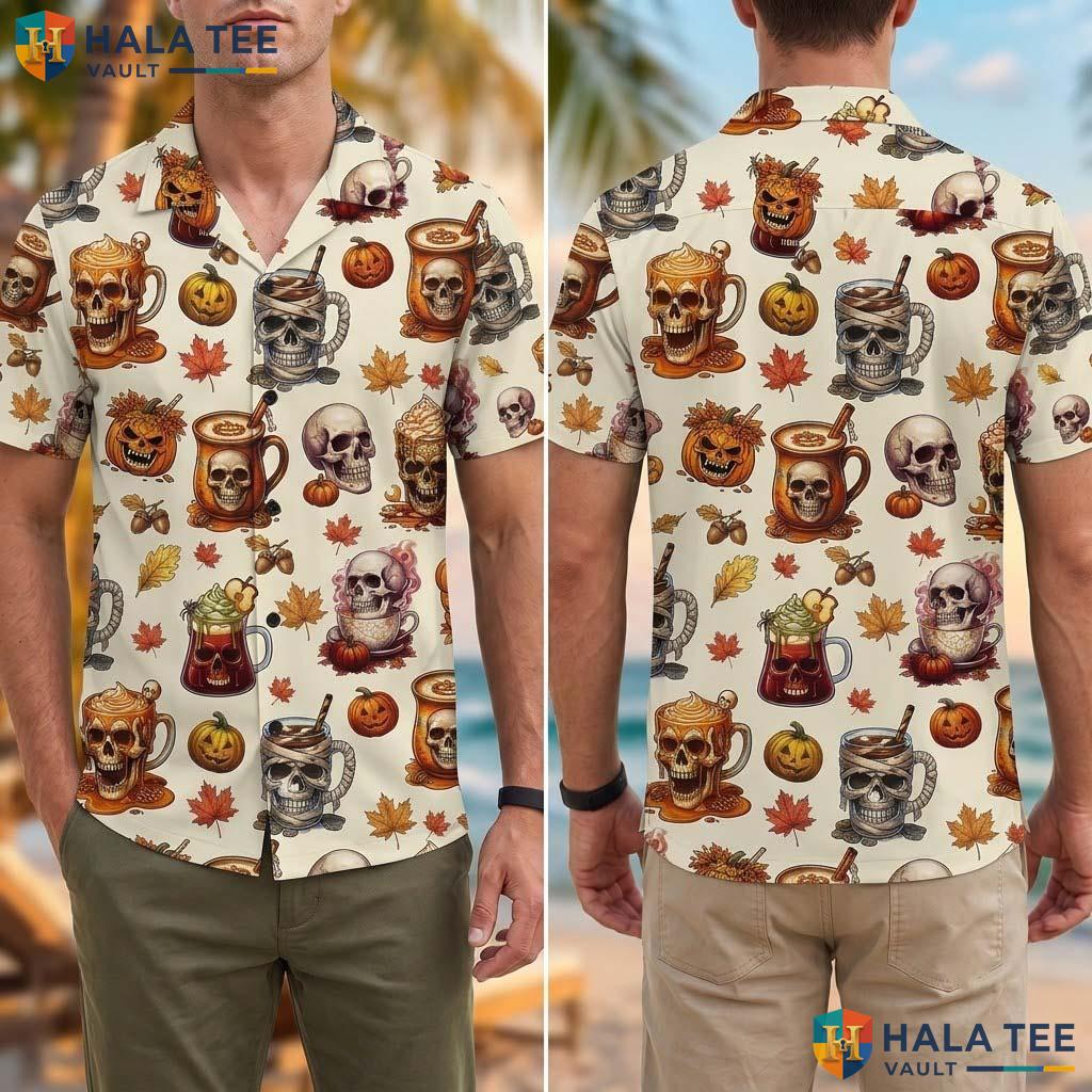 Skull Coffee Halloween Hawaiian Shirt Pumpkin Spice Latte Aloha Top Adult