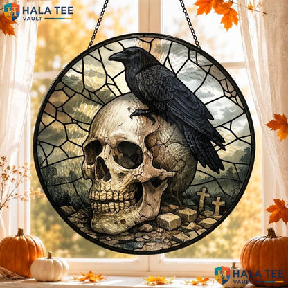 Skull Crow Moon Stained Glass Suncatcher Horror Aesthetic Wall Accent