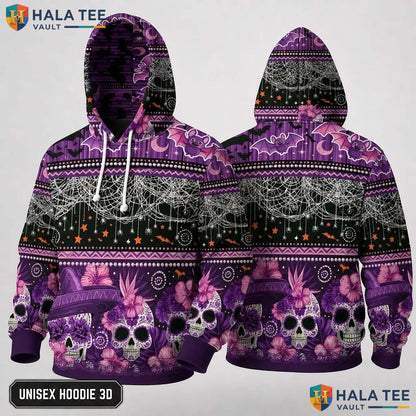 Skull Floral Bat Spiderweb 3D Hoodie Gothic Graphic Halloween Apparel