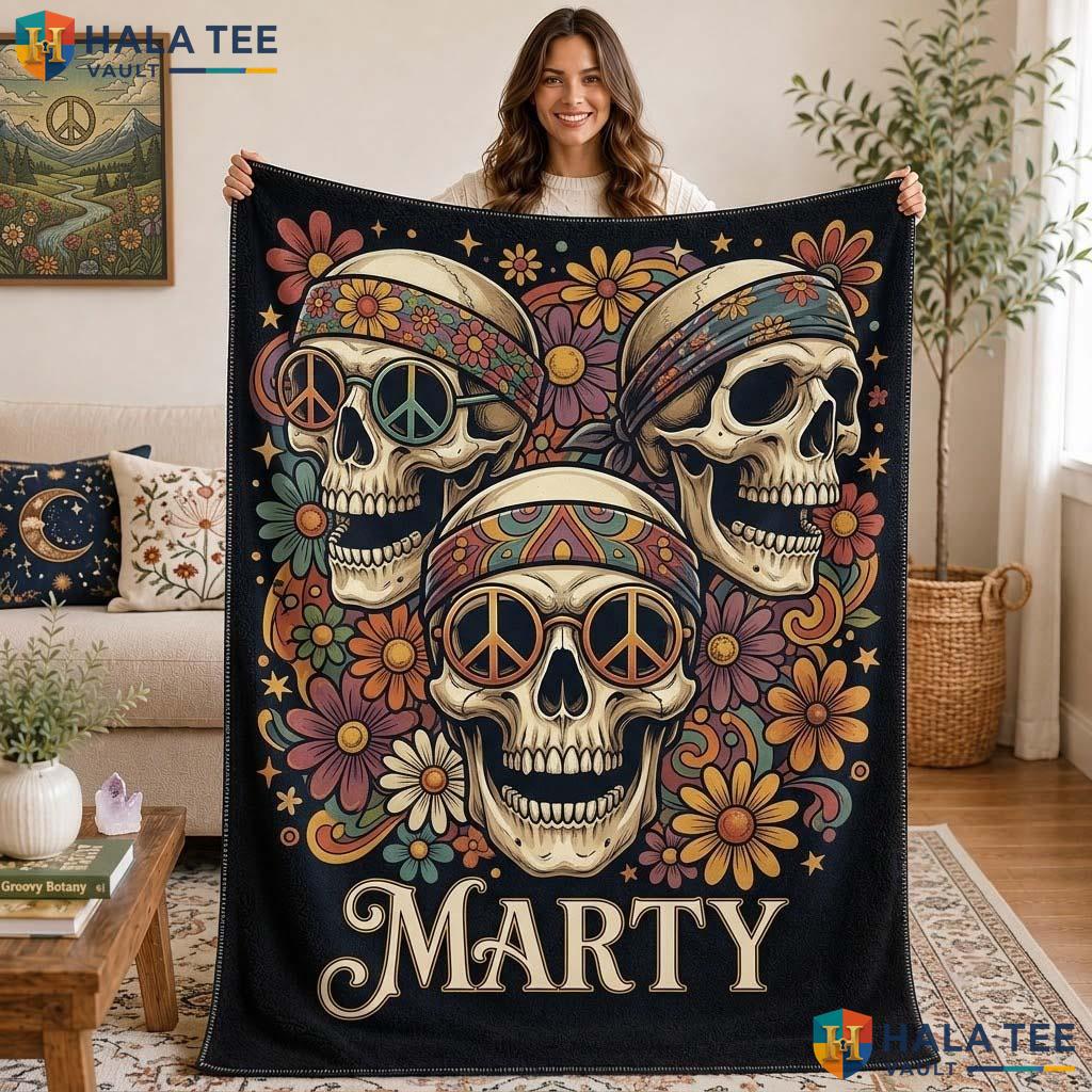 Skull Peace Halloween Blanket Custom Name Retro Psychedelic Throw