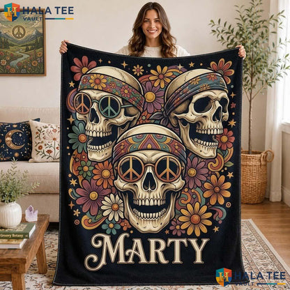 Skull Peace Halloween Blanket Custom Name Retro Psychedelic Throw