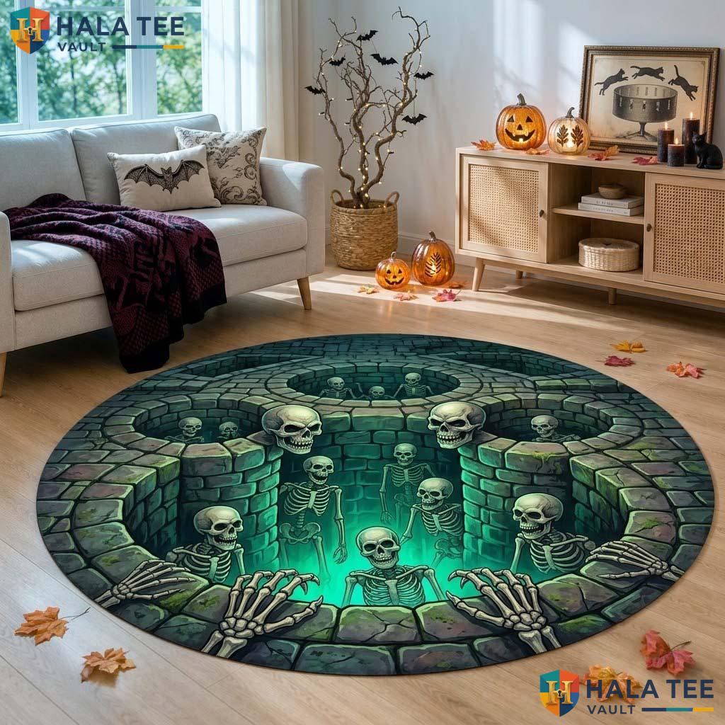 Skull Pit Halloween Round Area Rug 3D Glowing Graveyard Illusion Mat