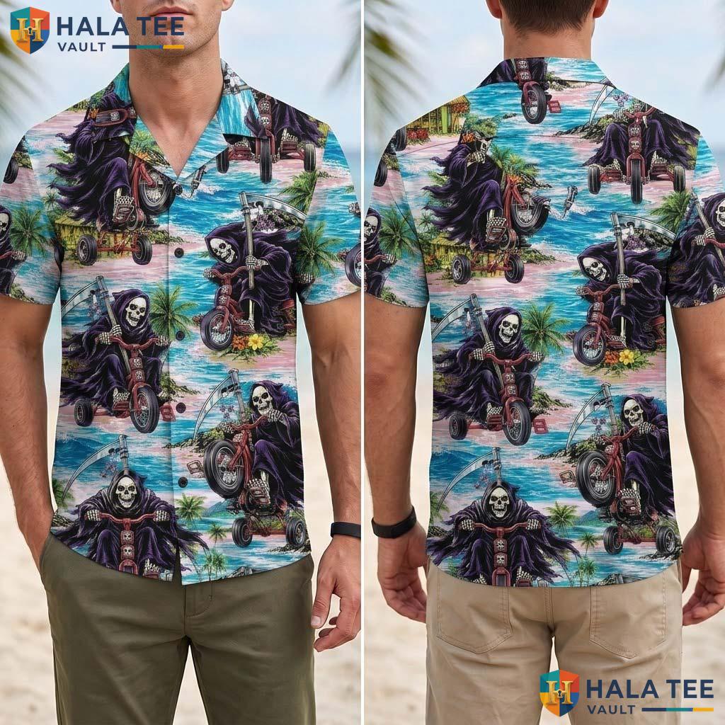 Skull Rider Halloween Hawaiian Shirt Grim Reaper Tropical Aloha Top Adult