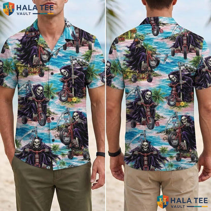 Skull Rider Halloween Hawaiian Shirt Grim Reaper Tropical Aloha Top Adult