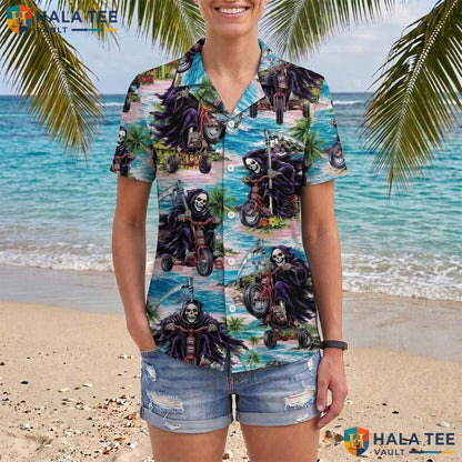 Skull Rider Halloween Hawaiian Shirt Grim Reaper Tropical Aloha Top Adult