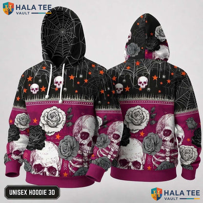 Skull Roses Spiderweb 3D Hoodie Gothic Graphic Unisex Pullover Top