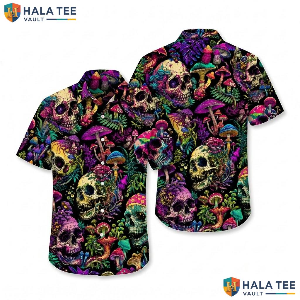 Skulls Hawaiian Shirt Vibrant Mushroom Foliage Summer Button Down