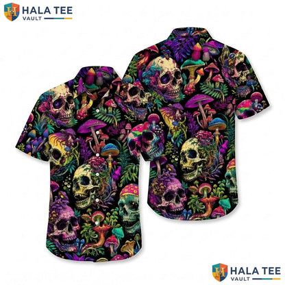 Skulls Hawaiian Shirt Vibrant Mushroom Foliage Summer Button Down