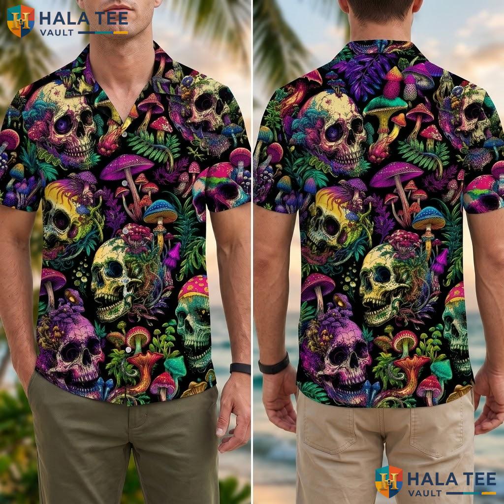 Skulls Hawaiian Shirt Vibrant Mushroom Foliage Summer Button Down Adult
