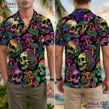 Skulls Hawaiian Shirt Vibrant Mushroom Foliage Summer Button Down Adult