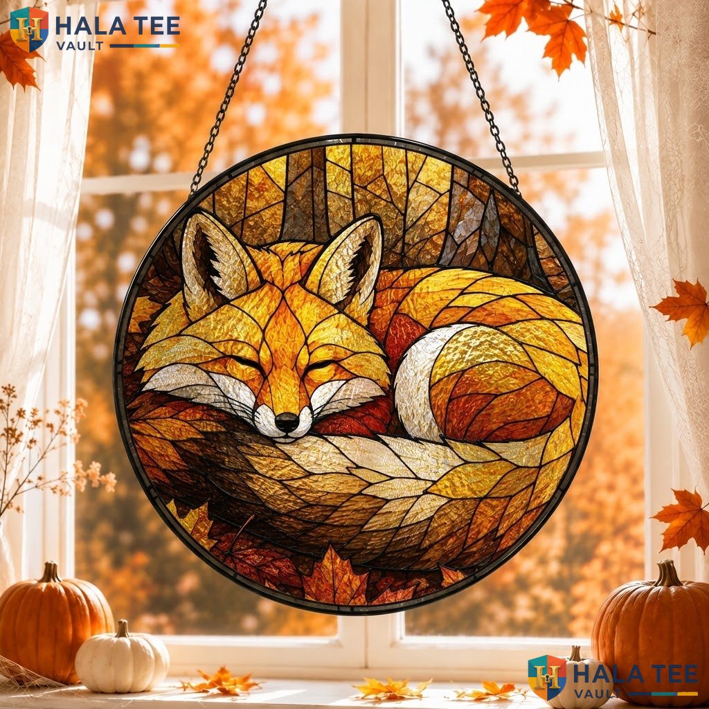 Sleeping Fox Halloween Stained Glass Suncatcher Vintage Autumn Leaf Accent