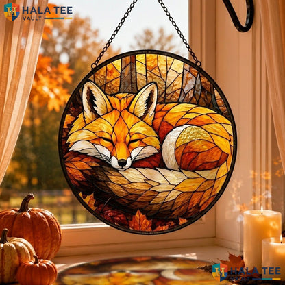 Sleeping Fox Halloween Stained Glass Suncatcher Vintage Autumn Leaf Accent Adult