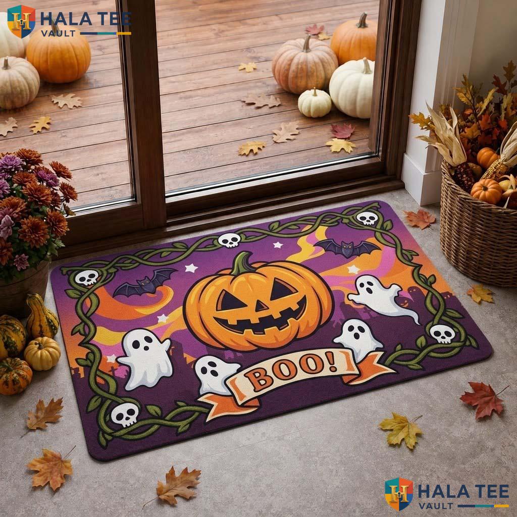 Smiling Pumpkin Fall Doormat Vibrant Funny Ghost Entrance Rug Home Decor