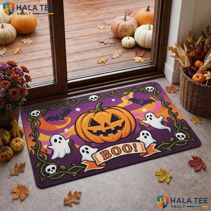 Smiling Pumpkin Fall Doormat Vibrant Funny Ghost Entrance Rug Home Decor