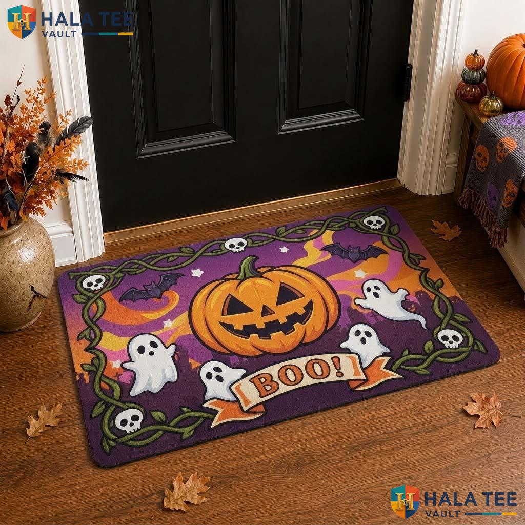 Smiling Pumpkin Fall Front door mat Vibrant Funny Ghost Entrance Rug Home Decor