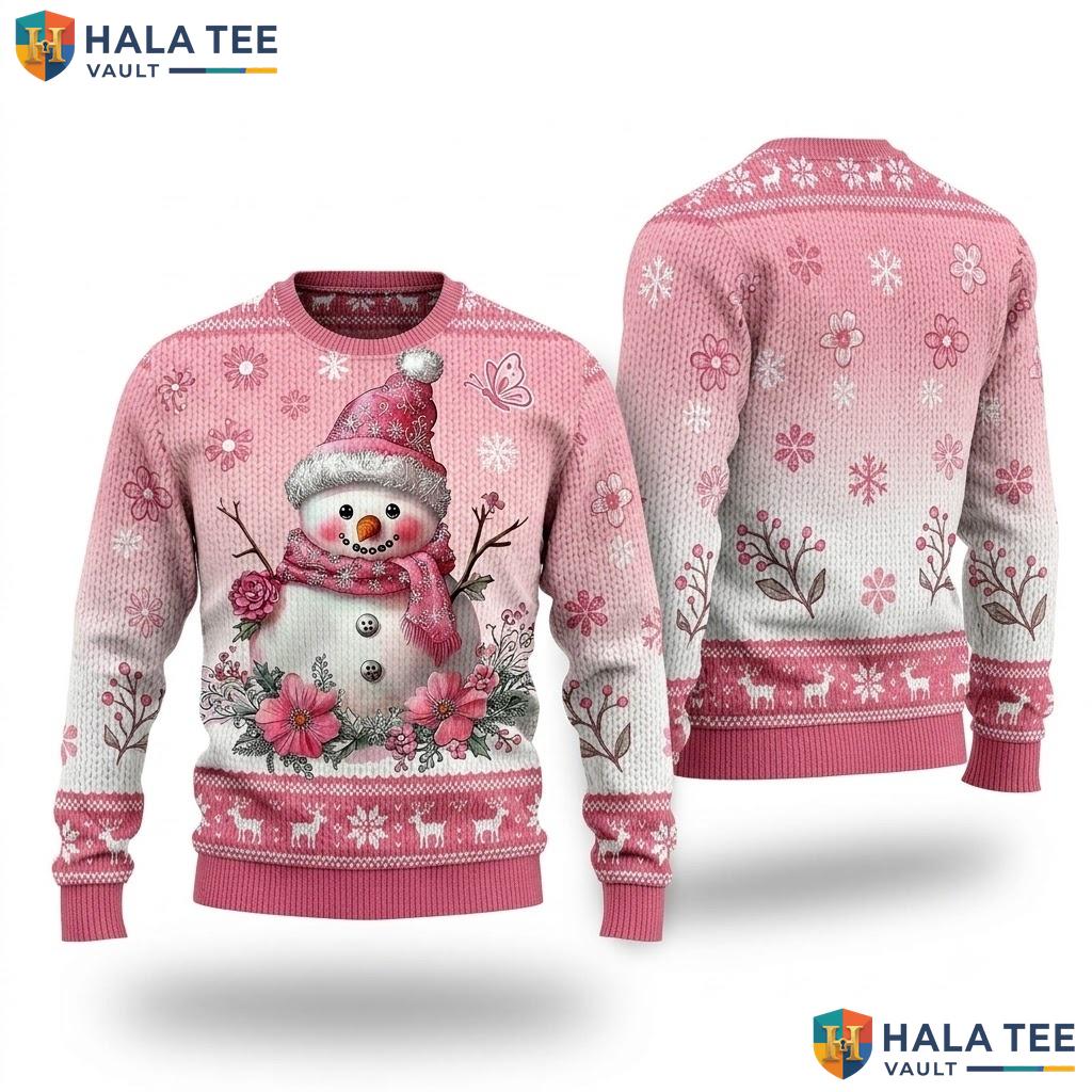 Snowman Floral Pink Festive Ugly Christmas Sweater Cute Womens Apparel