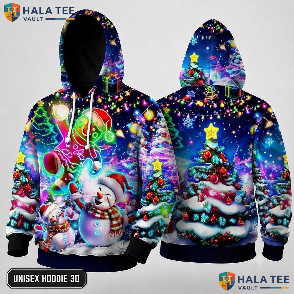 Snowman Gingerbread Tree Christmas 3D Hoodie Colorful Festive Top
