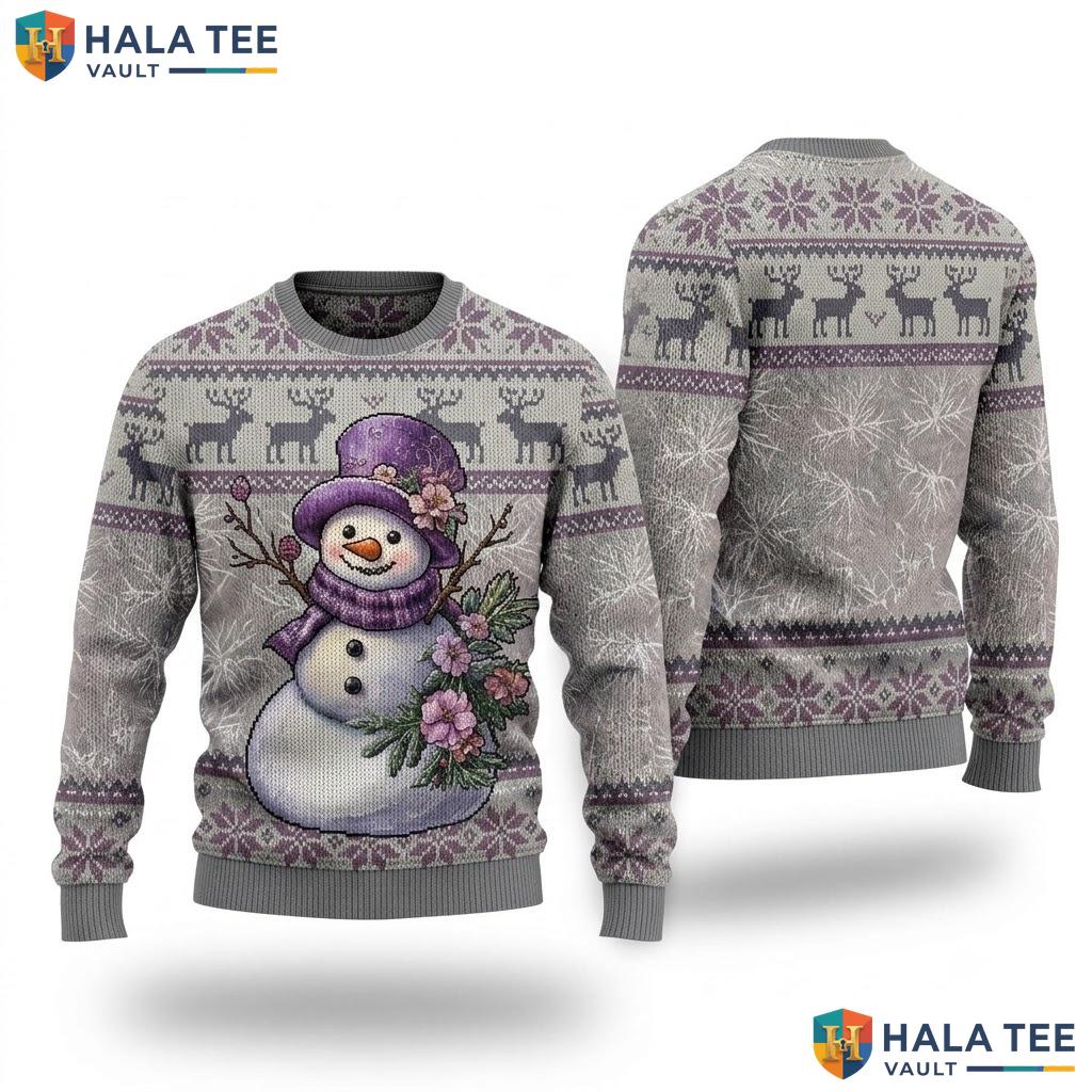 Snowman Gray Purple Festive Christmas Sweater Whimsical Womens Apparel