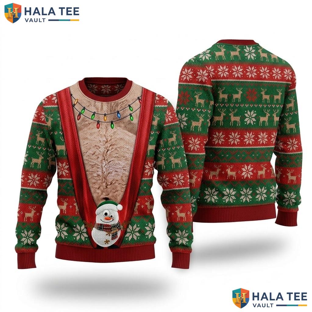 Snowman Hairy Chest Ugly Christmas Sweater Funny Festive Xmas Graphic