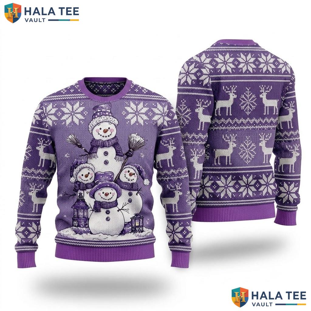 Snowman Vibrant Purple Cheerful Christmas Sweater Playful Holiday Apparel