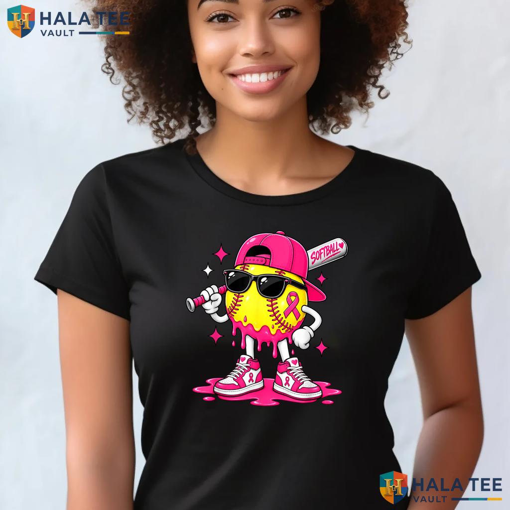 Softball Drip Pink Ribbon Shirt Breast Cancer Awareness Boys Kids