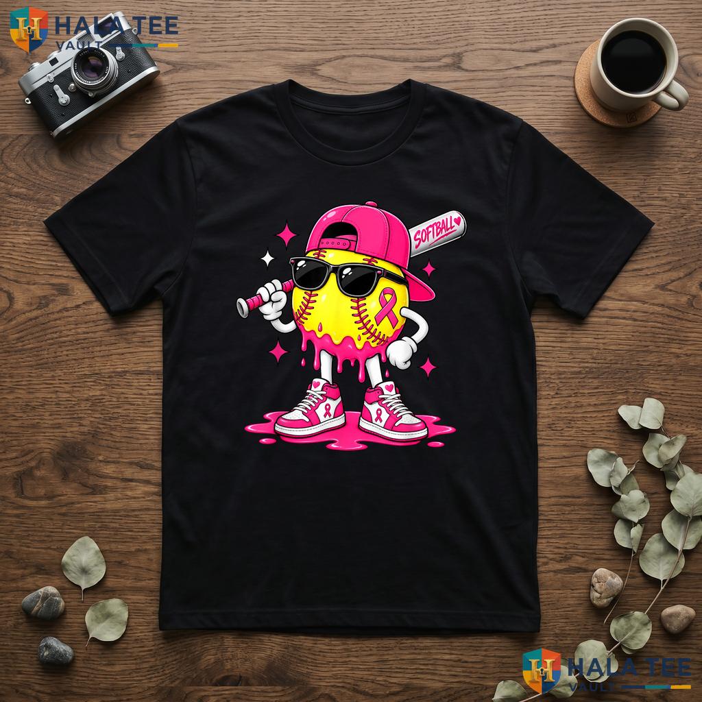 Softball Drip Pink Ribbon Shirt Breast Cancer Awareness Boys Kids Adult