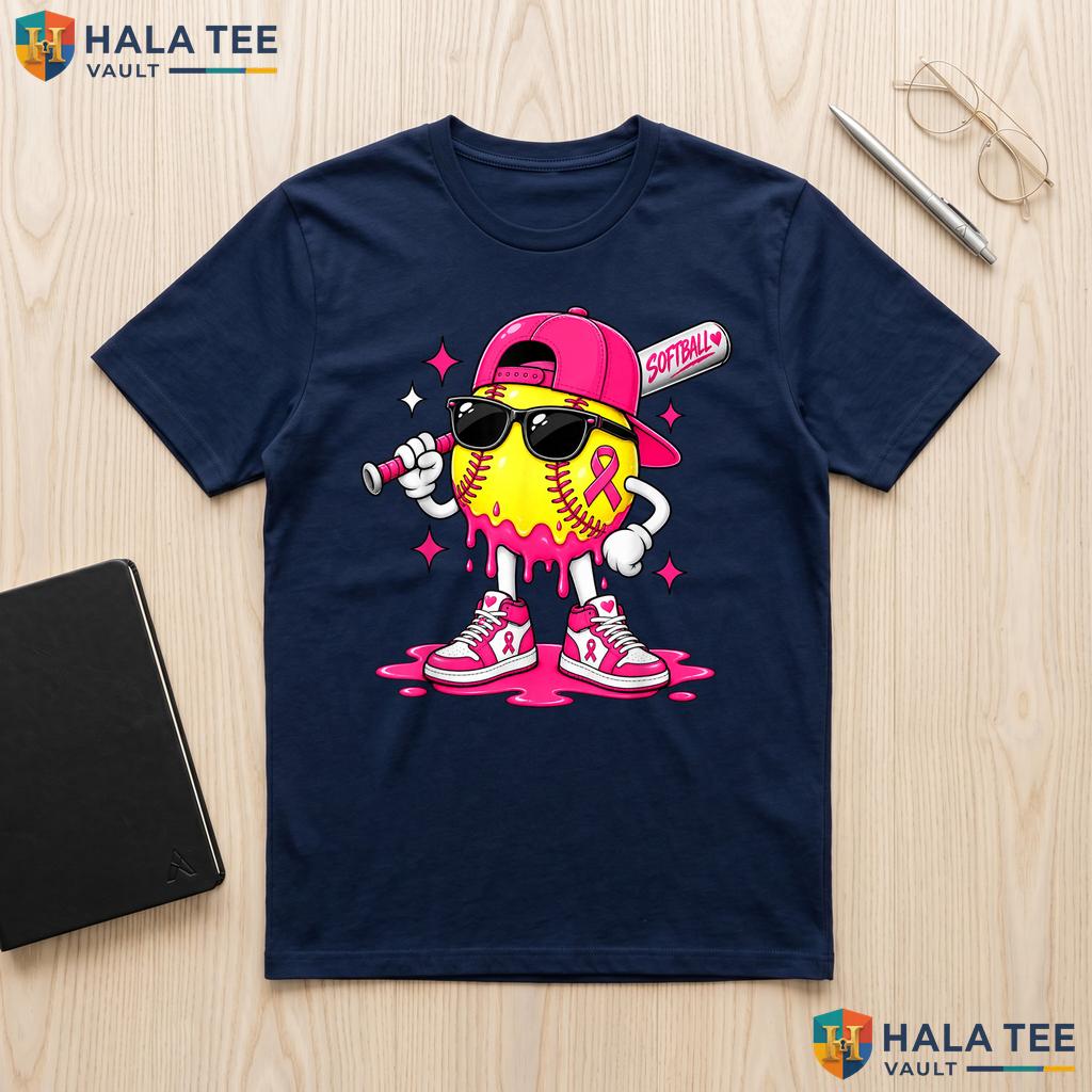 Softball Drip Pink Ribbon Shirt Breast Cancer Awareness Boys Kids Adult