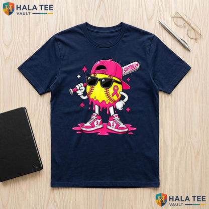 Softball Drip Pink Ribbon Shirt Breast Cancer Awareness Boys Kids Adult