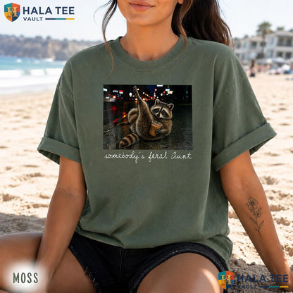 Somebodys Feral Aunt Retro Style T-Shirt Funny Raccoon Coffee Apparel Top