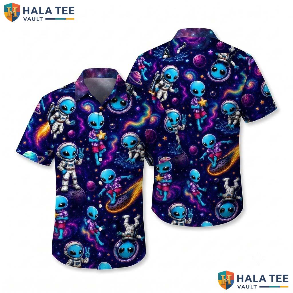 Space Alien Farm Life Hawaiian Shirt Mens Aloha Button Down Vacation