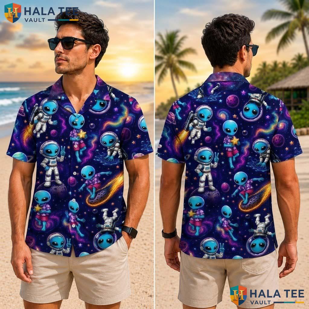Space Alien Farm Life Tropical Shirt Mens Aloha Button Down Vacation