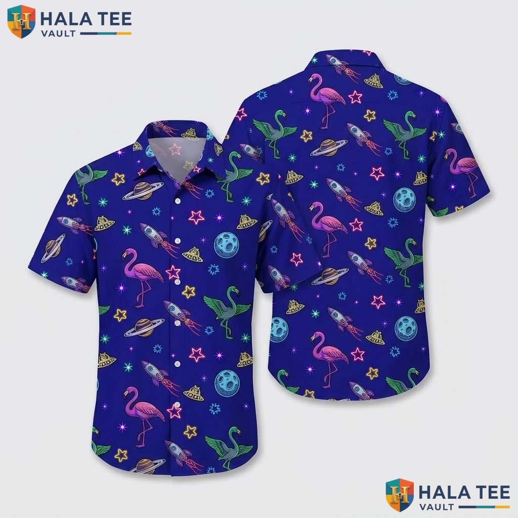 Space Flamingo Hawaiian Shirt Neon Dinosaur Boys 3d Graphic Button Down Top