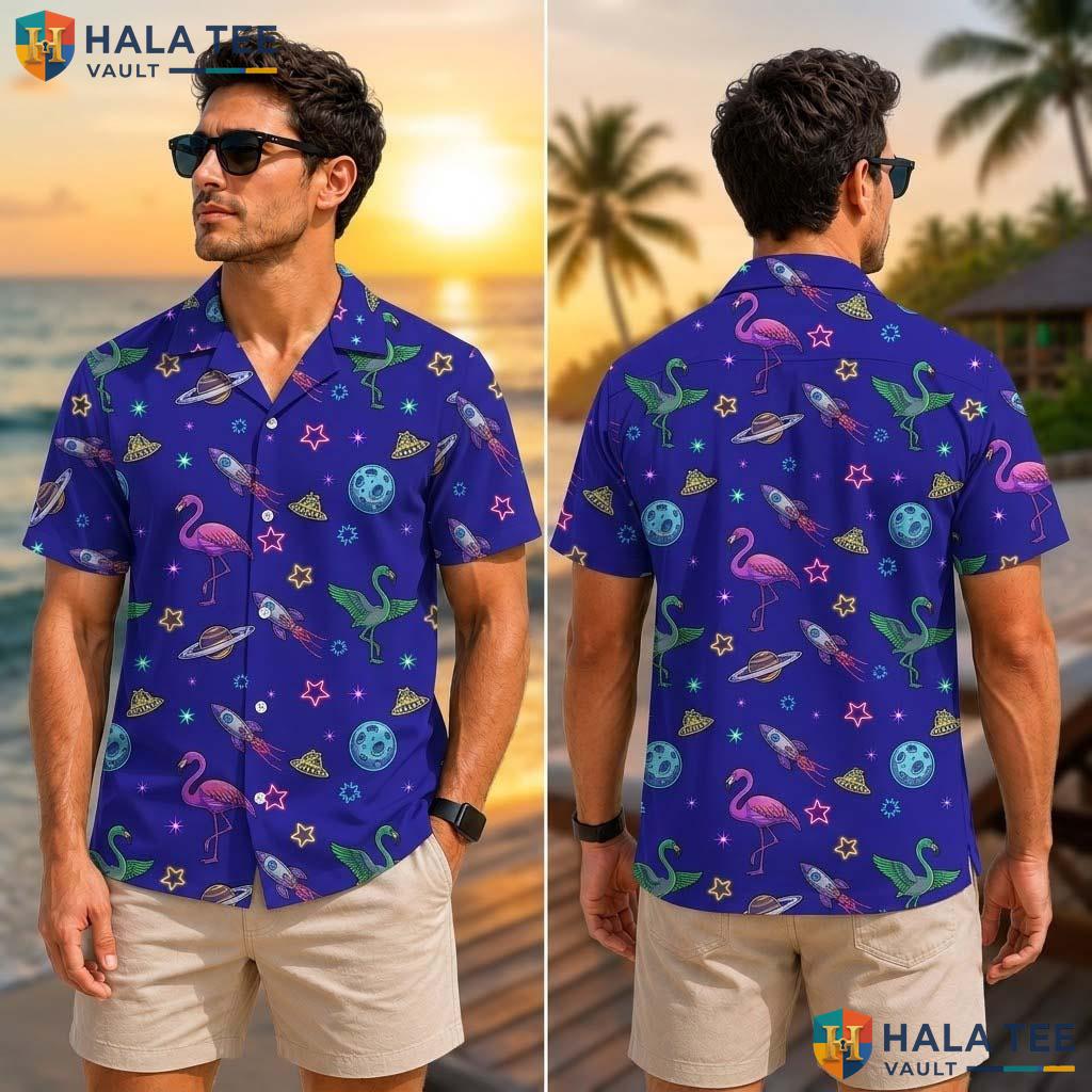 Space Flamingo Tropical Shirt Neon Dinosaur Boys 3d Graphic Button Down Top