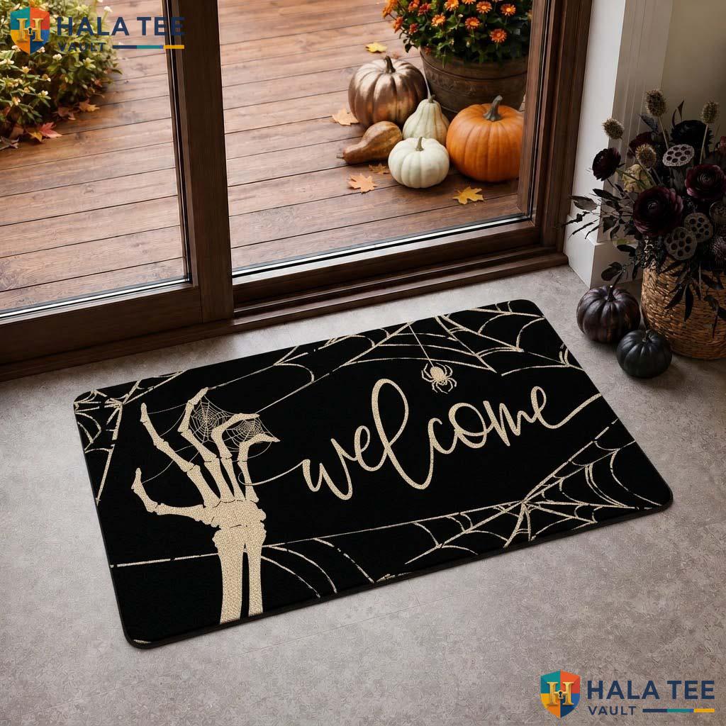 Spider Web Halloween Doormat Skeletal Hand Spooky Entrance Welcome Rug