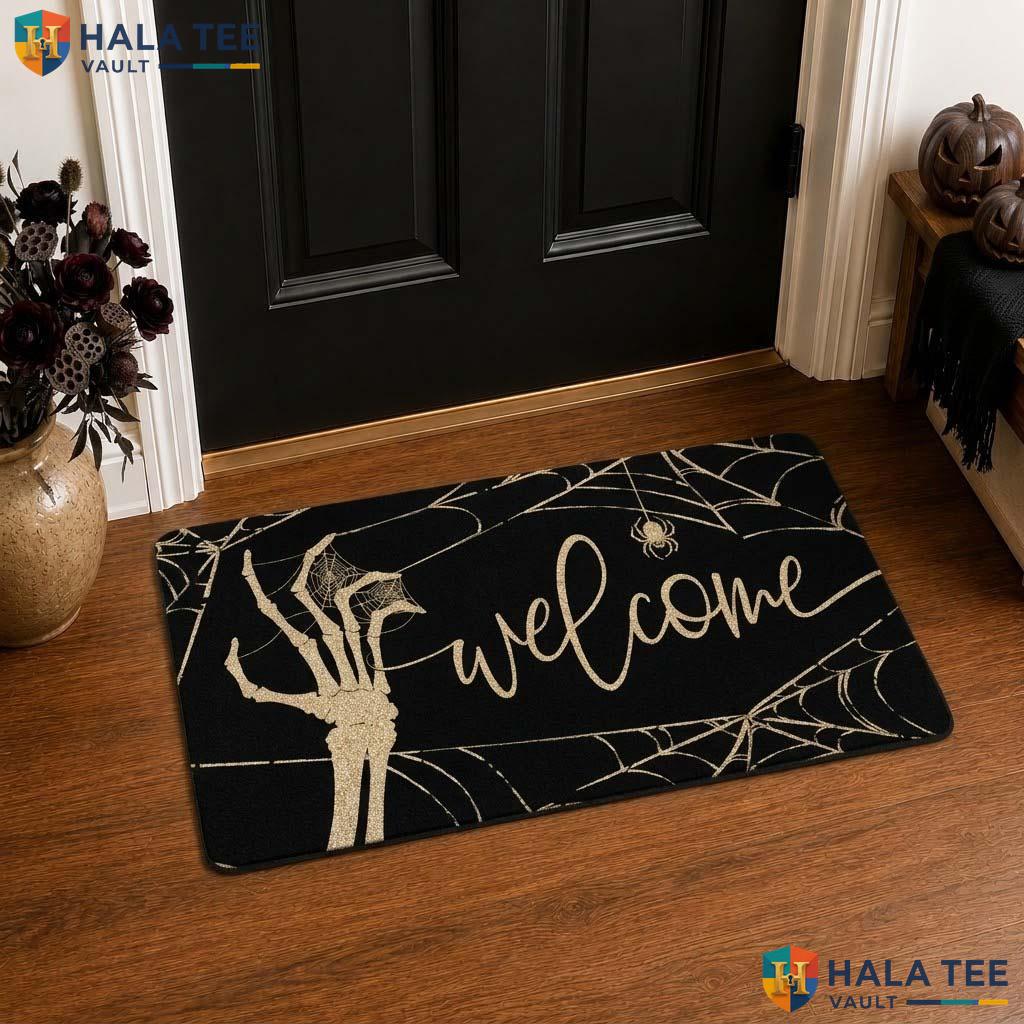 Spider Web Halloween Front door mat Skeletal Hand Spooky Entrance Welcome Rug