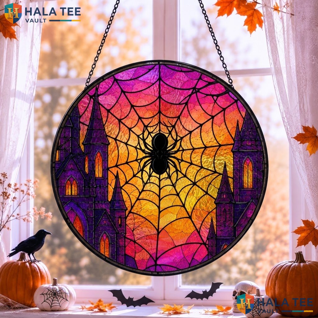 Spider Web Halloween Stained Glass Suncatcher Vintage Gothic Castle Window