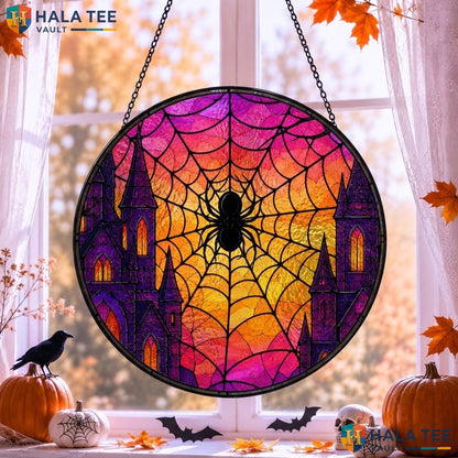 Spider Web Halloween Stained Glass Suncatcher Vintage Gothic Castle Window