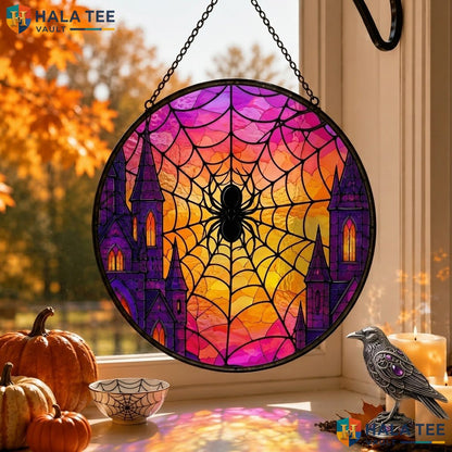 Spider Web Halloween Stained Glass Suncatcher Vintage Gothic Castle Window Adult