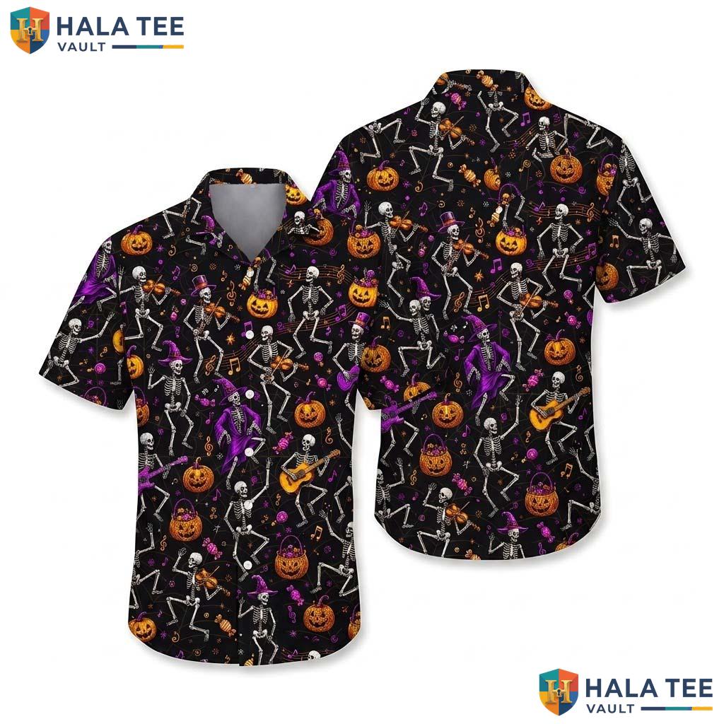 Spiderweb Skeleton Halloween Hawaiian Shirt Dancing Band Aloha Top
