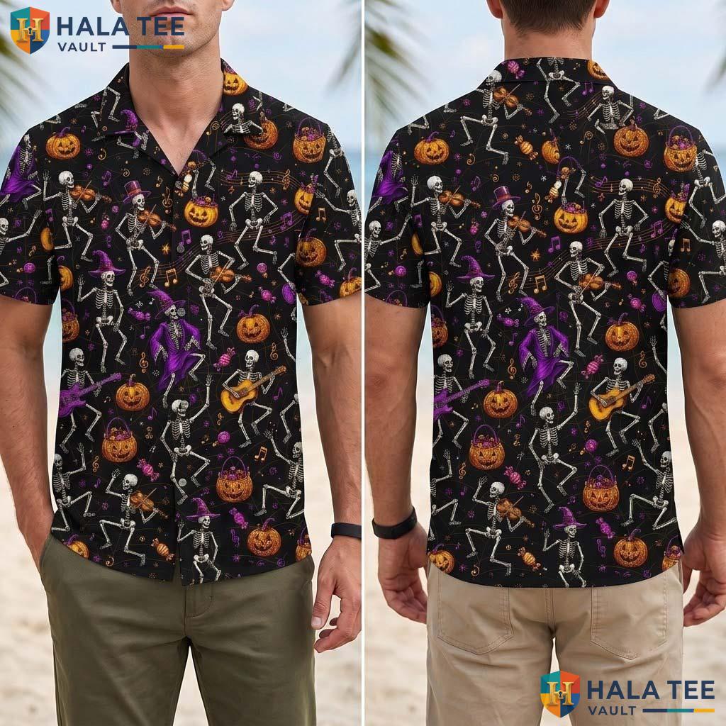 Spiderweb Skeleton Halloween Hawaiian Shirt Dancing Band Aloha Top Adult