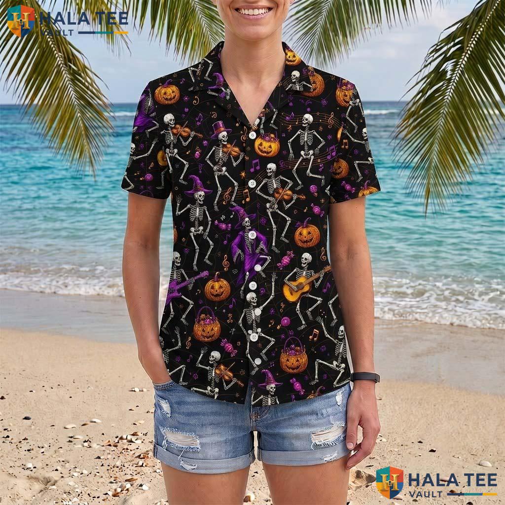 Spiderweb Skeleton Halloween Hawaiian Shirt Dancing Band Aloha Top Adult