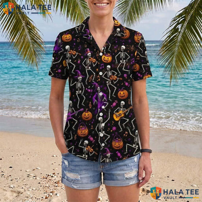 Spiderweb Skeleton Halloween Hawaiian Shirt Dancing Band Aloha Top Adult