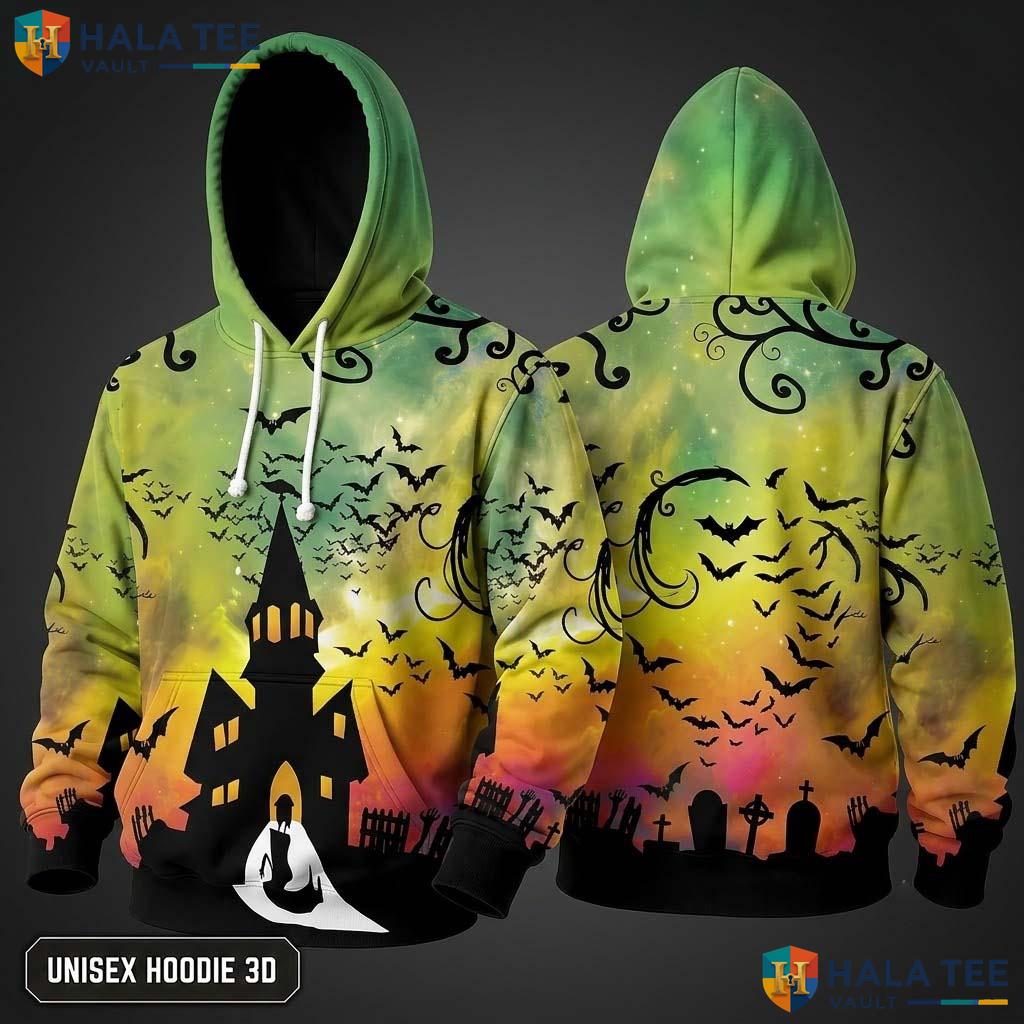 Spooky Bat Haunted House 3D Hoodie Graphic Cosplay Halloween Apparel
