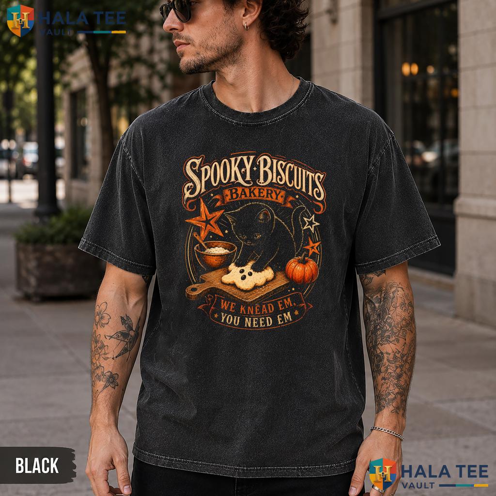 Spooky Biscuits Bakery Washed T-Shirt Vintage Black Cat Halloween Apparel