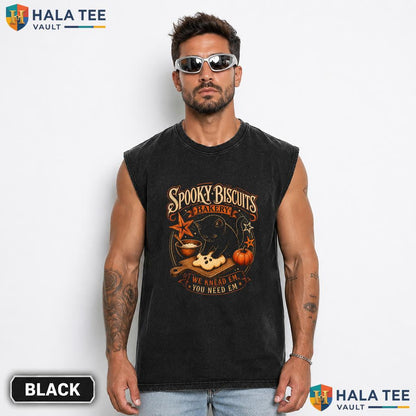 Spooky Biscuits Bakery Streetwear Washed T-Shirt Vintage Black Cat Halloween Apparel