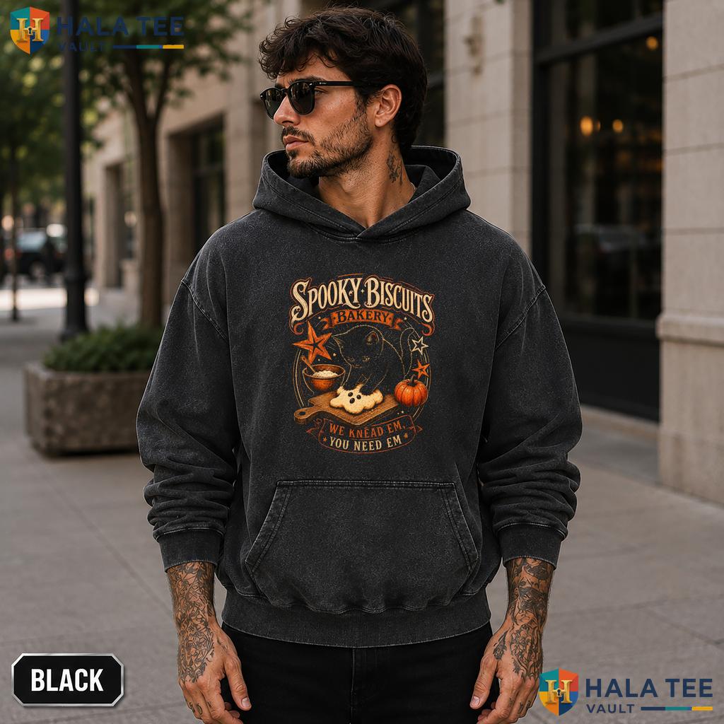 Spooky Biscuits Bakery Acid Washed T-Shirt Vintage Black Cat Halloween Apparel