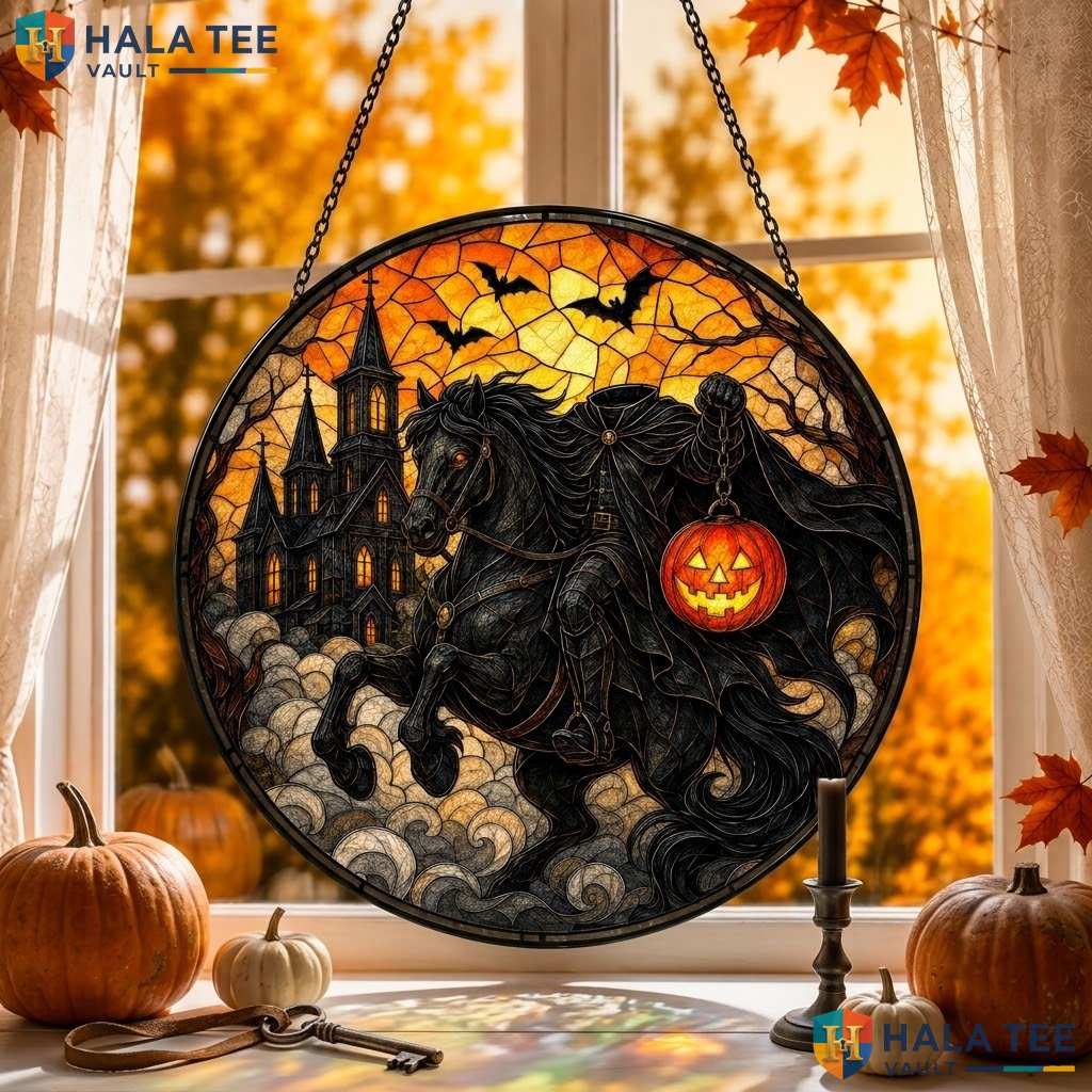 Spooky Black Horse Halloween Stained Glass Suncatcher Gothic Castle Bat Decor