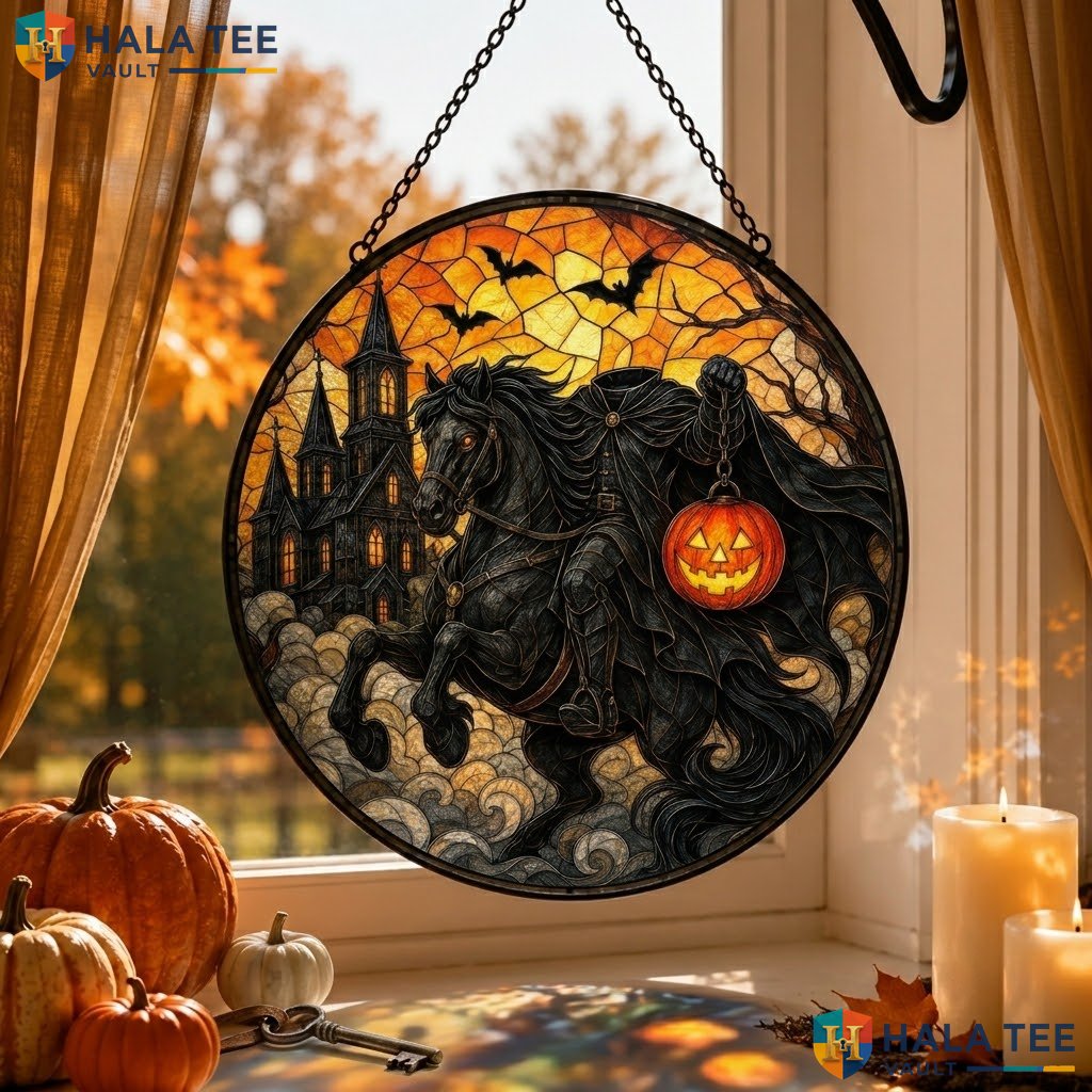 Spooky Black Horse Halloween Stained Glass Suncatcher Gothic Castle Bat Decor Adult