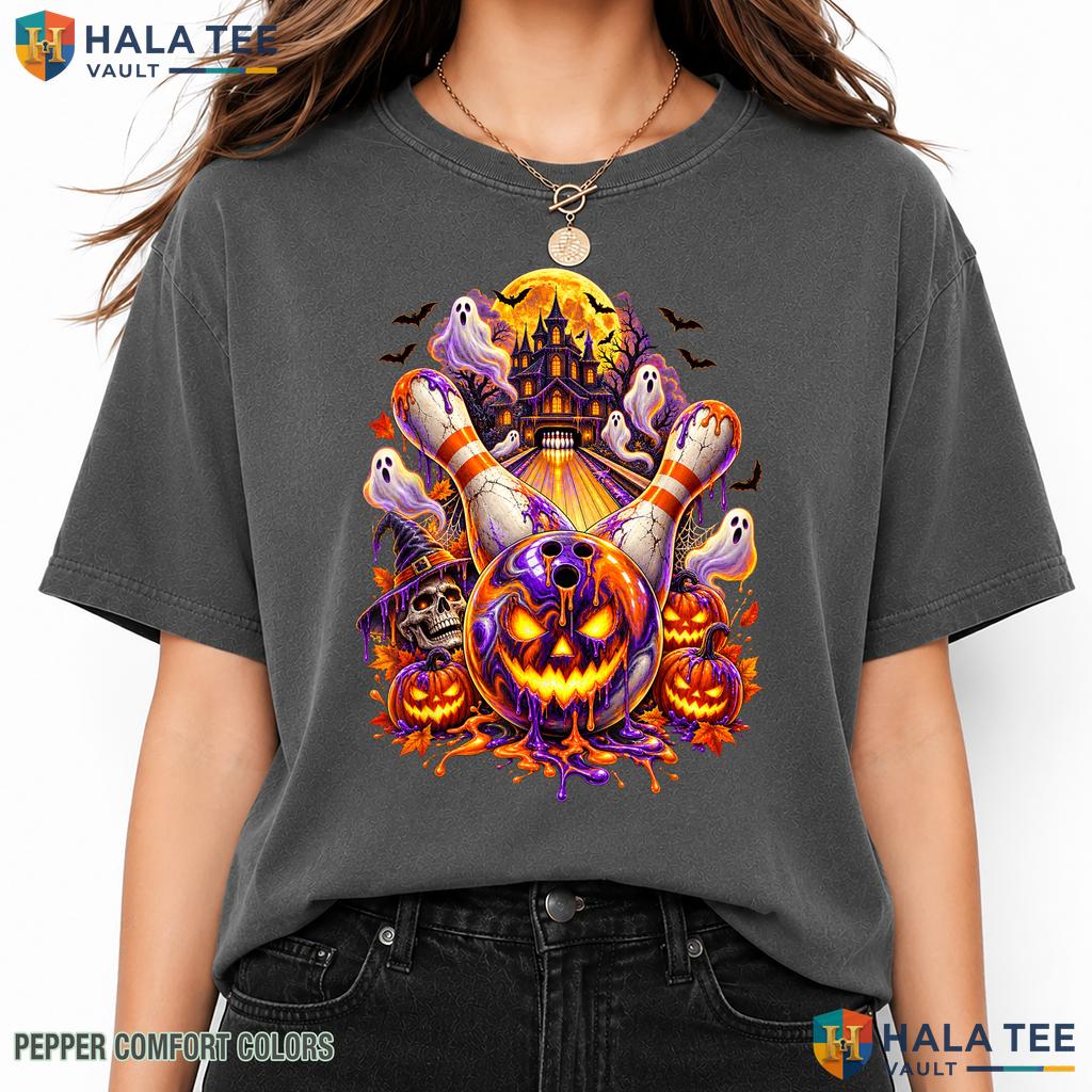Spooky Bowling Ball Pumpkin Garment-Dyed T-Shirt Drip Ghost Haunted