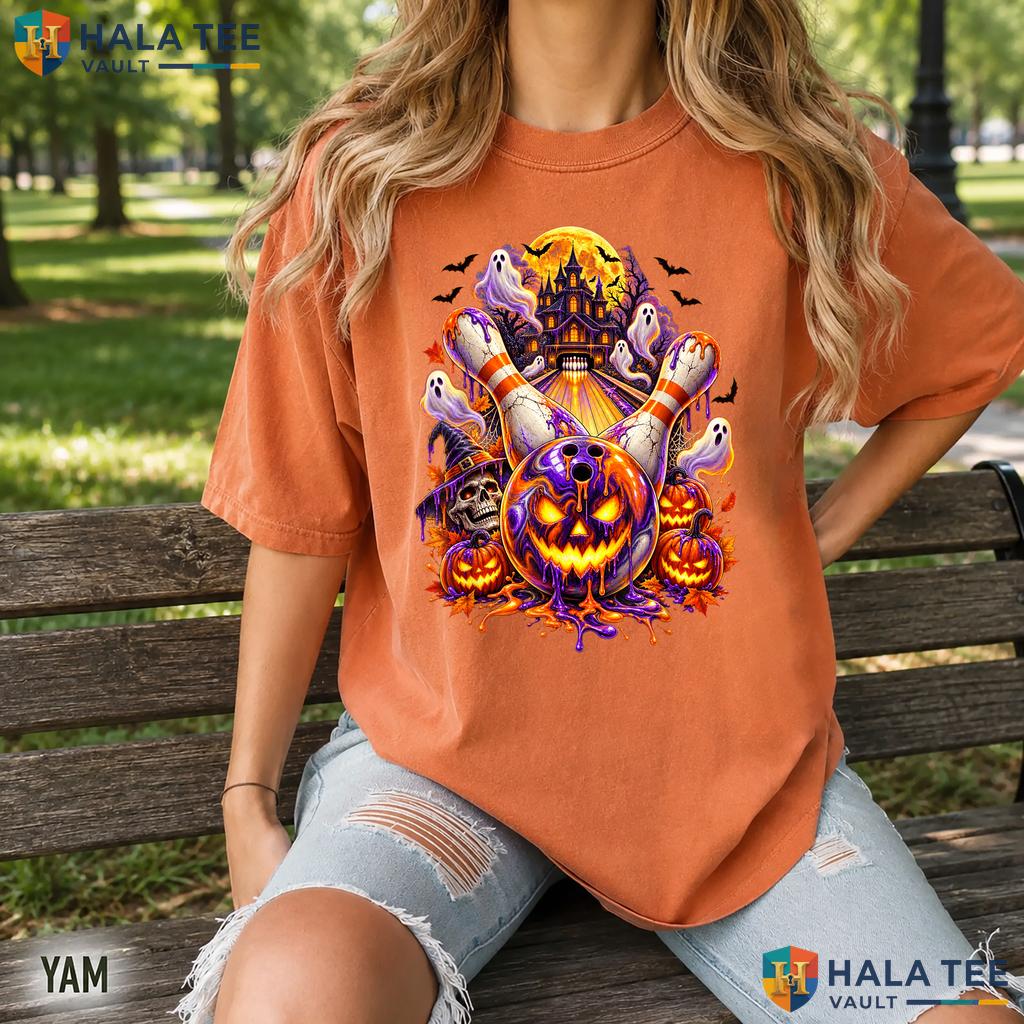 Spooky Bowling Ball Pumpkin Retro Style T-Shirt Drip Ghost Haunted